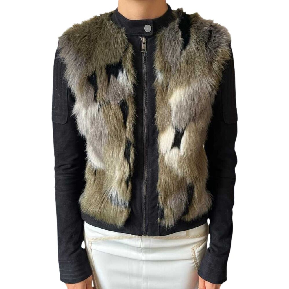 BCBGMAXAZRIA Dimitri Faux Fur Jacket Women's XS Dark Fatigue Combo Full Zip